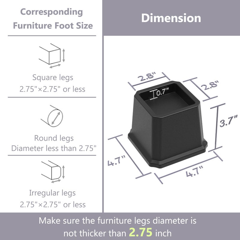 Napnapday Bed Risers 3 Inch Heavy Duty Bed Furniture Elevators  1 500 lbs Lifts Up Riser for Sofa and Table Set of 4  Black - Image 2